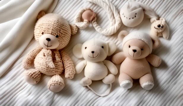 Cute Plush Teddy Bear on White Blanket