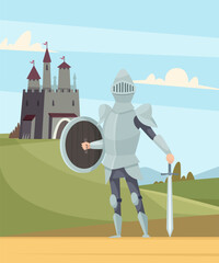 Knight brave ancient soldier in armor protected castle cartoon illustration