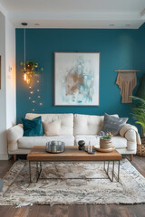 Chic, Modern Living Room with Teal Accent Wall & Rustic Touches
