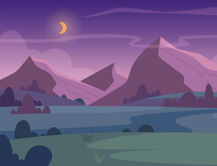 Night mountains outdoor landscape with moonlight glow on mountain hills