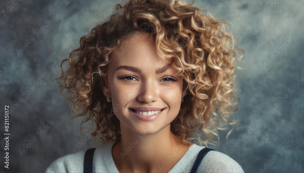 Wall mural Blonde woman with curly beautiful hair smiling on gray background