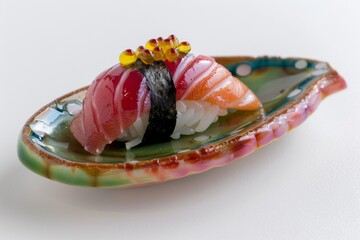 Japanese sushi masterpiece on a plate, work of art, adorned with slivers of seaweed or a touch of wasabi.