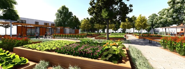 Fototapeta premium D Rendered Green Schoolyard A NatureFilled Outdoor Learning Space
