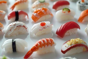 Japanese sushi masterpiece on a plate, work of art, adorned with slivers of seaweed or a touch of wasabi.