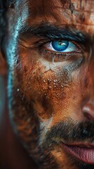 Close-up of a man's face with piercing blue eyes, dirty face.