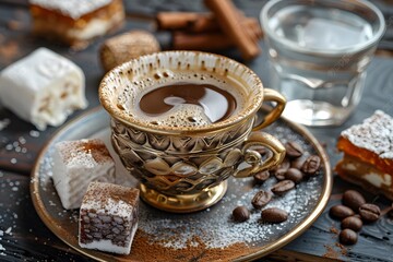 Fototapeta premium A cup of coffee and some desserts on a plate