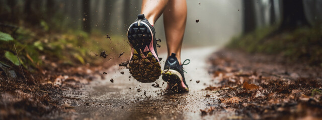 Lady or female / woman Caucasian trail runner running on a forest path with a close-up of the trail running shoes during a rainy day