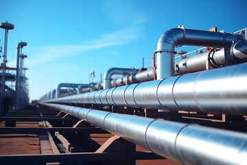 Close up of pipeline and pipe rack of industrial plant or industrial refinery factor with a clear sky at midday or noon; in the desert the future of energy