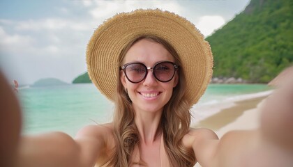 Happy young woman in straw hat and sunglasses takes a selfie on the beach