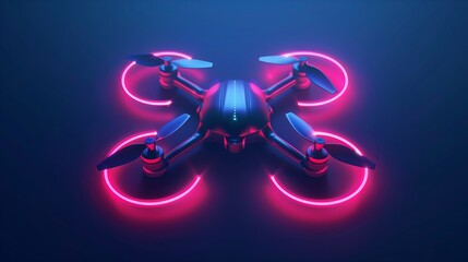 A drone with four propeller blades in neon color on a dark blue background.