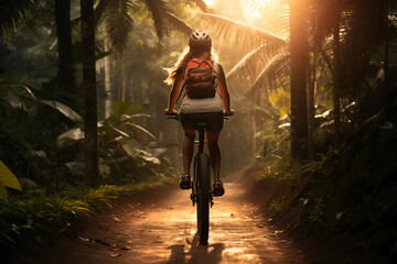A stunning foto of a adult and Asian woman riding her bicycle on a track in a forest, a backside portrait of a girl racing her mountain-bike through a lush jungle at sunset - Powered by Adobe