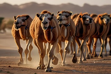 A caravan of Arabian camels walking in the desert of Riyadh, Saudi Arabia. Arabian camels walking in Al Dahna desert in Riyadh Province, Saudi Arabia
