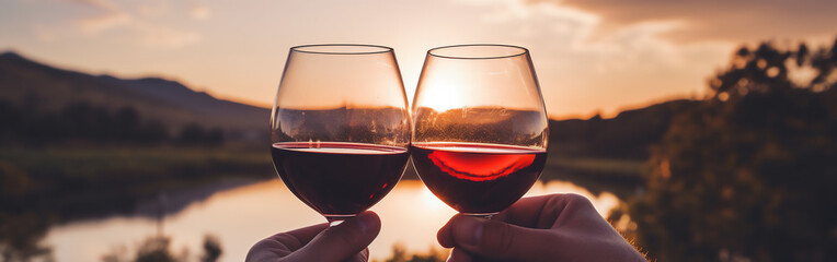 Two male hands toasting or clinking with red wine glasses on a nature and minimalist background