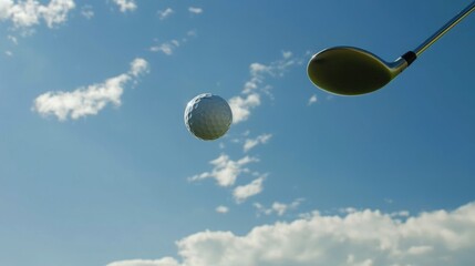 Ready to tee off: Golf ball and club set against a serene blue sky backdrop