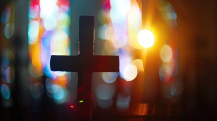 A soft silhouette of a cross in a church interior, embodying spirituality and prayer