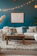 Chic, Modern Living Room with Teal Accent Wall & Rustic Touches