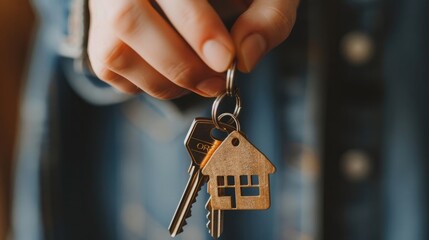 Real estate agent giving keys on a house-shaped keychain, celebrating new homeownership