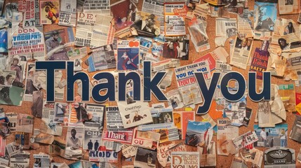 Naklejka premium Creative thank you note from newspaper headlines pinned on bulletin board