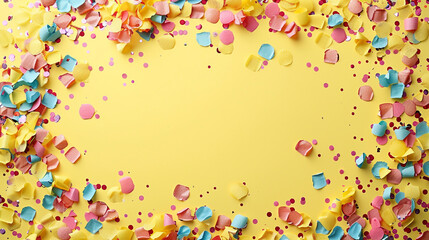 A dynamic confetti-filled frame with room for your personalized text, offering an energetic and festive backdrop for your advertisements or promotional materials on solid yellow background,