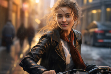 Fototapeta premium A beautiful adult of Mongolianformal woman riding her bicycle to work, a frontside portrait of a woman commuting on a bicycle on a rainy day in an urban street at sunset