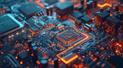 Obraz premium Printed Circuit Board with Microchip Component. A close up macro shot of the inside of an electronic device showing the chip structure with augmented reality graphics.