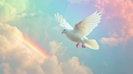 Symbol of peace: White dove in flight against a vibrant rainbow and clouds