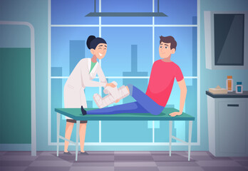 Fototapeta premium Medical cabinet. Injury man with bandaged body doctor consulting exact vector cartoon background illustration