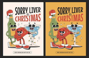 Fototapeta premium Merry Christmas and Happy New year cards in retro groovy style. Sad liver, beer and cocktail cartoon characters.