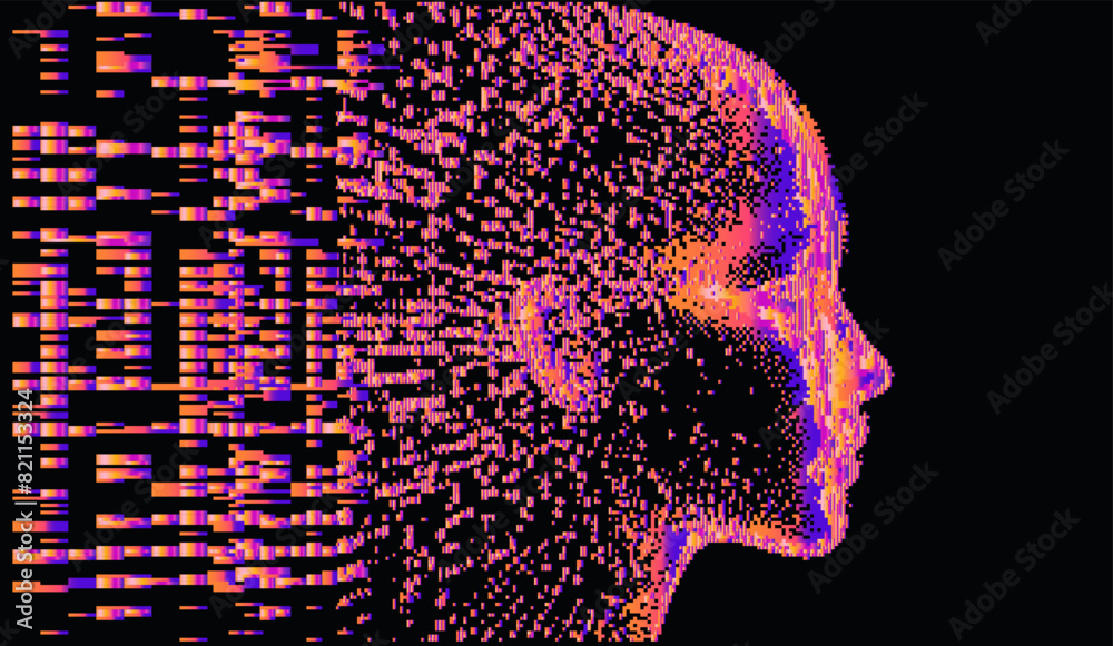 Poster 3D human face made of holographic pixels and particles on a dark background. A conceptual vector illustration of identity in virtual reality.