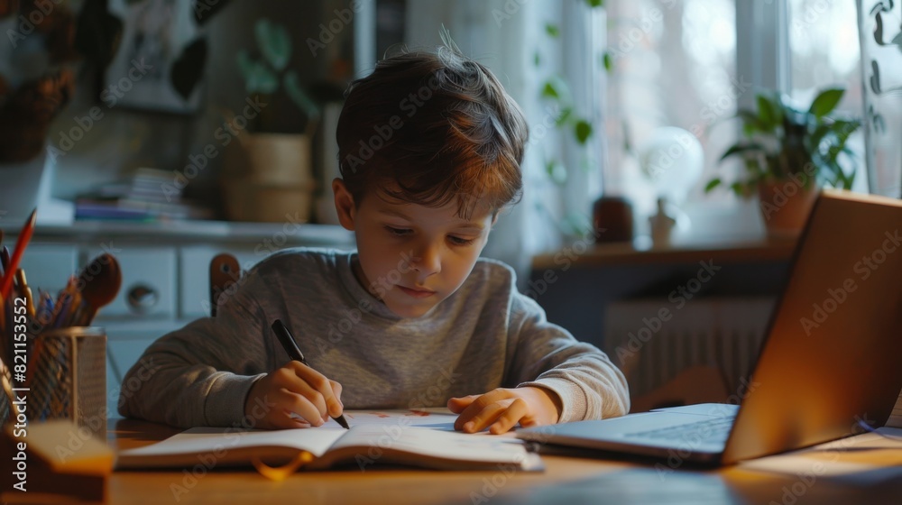 Poster an intelligent little boy uses a laptop to learn and write down useful information. distance learnin