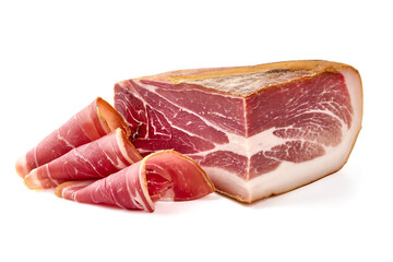 Spanish jamon iberico slices, serrano ham, isolated on white background