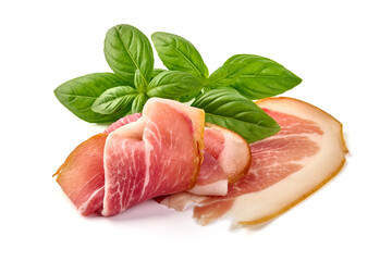 Delicious Serrano ham, cured jamon iberico, isolated on white background