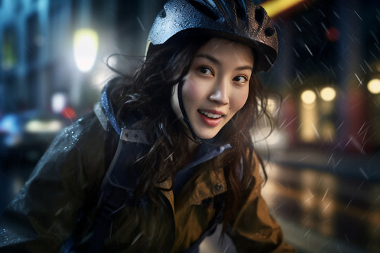 A beautiful adult of Mongolian hipster woman riding her bicycle to work, a frontside portrait of a woman commuting on a bicycle on a rainy day in an urban street at midnight
