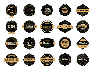 Whiskey badges. Alcohol drinks premium badges recent vector rum and whiskey production logos with place for text