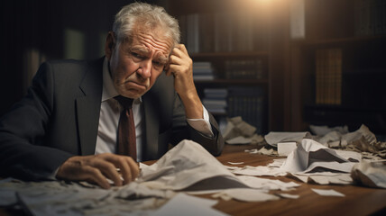 A tired and frustrated elderly and Caucasian business man is standing in front of his wooden office desk with his hands crumbling a paper with side-lighting