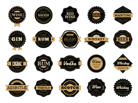 Whiskey badges. Alcohol drinks premium badges recent vector rum and whiskey production logos with place for text