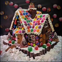 A colorful gingerbread house with a candy roof and a candy chimney