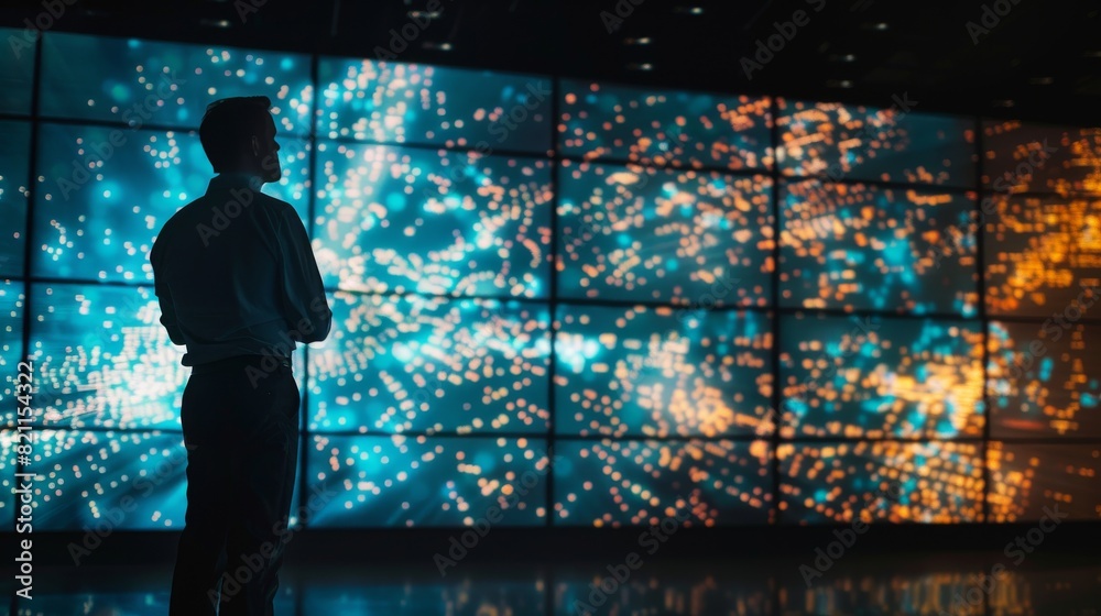 Poster in a dark system control and monitoring telecommunications office, a project manager stands in front