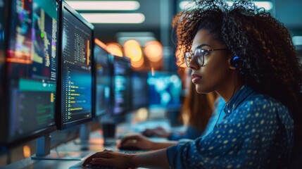 Obraz premium This is a picture of a young attractive manager with curly hair using a desktop computer to compare data with a software program. It shows diverse and motivated people using computers in an open