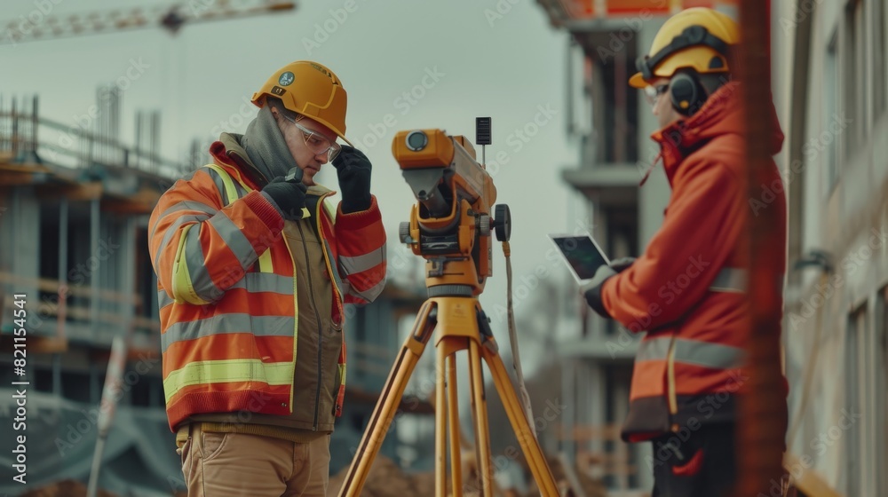 Poster an engineer and architect are using tablets next to the surveyor as they measure angles in horizonta