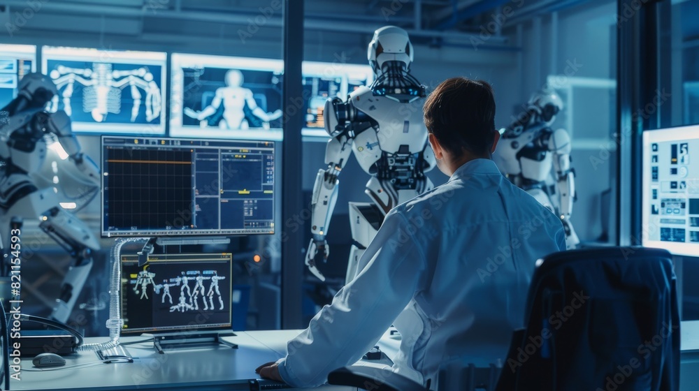 Poster a chief analyst using a computer in the robotics development laboratory, top scientists develop a pr