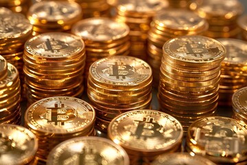 A close up of a pile of gold bitcoins