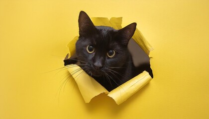 black cat peeking through hole in yellow paper background with copy space