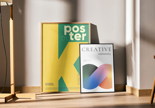 Mockup of two customizable vertical picture frames on floor