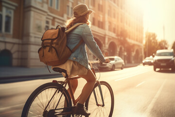 A beautiful adult of South-African hipster woman riding her bicycle to work, a backside portrait of a woman commuting on a bicycle on a sunny day in an urban street at mid-day