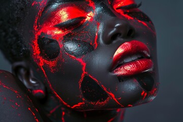 Fashion Surreal Concept. Closeup portrait of black girl portrait with graphic highlighters bold black and red abstract makeup paint, copy text space -