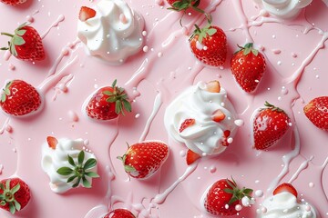 Creative food template. Topping fruit strawberry strawberries splashing dropping onto milk melted gelato yoghurt ice cream with droplet splash on pink background. copy text space. 