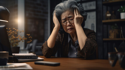 A tired and frustrated elderly and Asian business woman is standing in front of her wooden office desk with her hands in her hair with backlighting