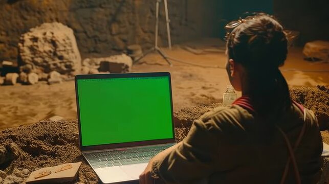 Female archaeologist analyzing fossil remains with laptop. Historians dig up ancient civilization culture artifacts. Archaeologists use green screen laptops.