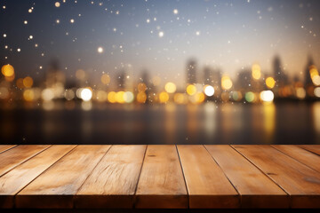 Empty wooden planks or tabletop in front of a blurred bokeh city with water drops and minimalist background a product display background or wallpaper concept with backlighting
